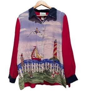 Vintage Quacker Factory Red Sequin Lighthouse 100% Silk Button Up Shirt Large